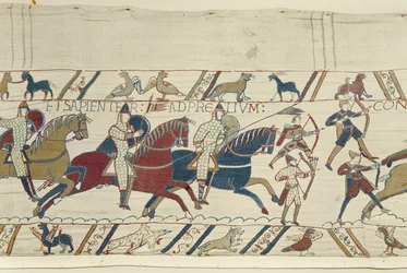 Herzog Wilhelm ermahnt seine Truppen, sich tapfer und klug auf die Schlacht gegen die englische Armee vorzubereiten, Bayeux-Tapisserie